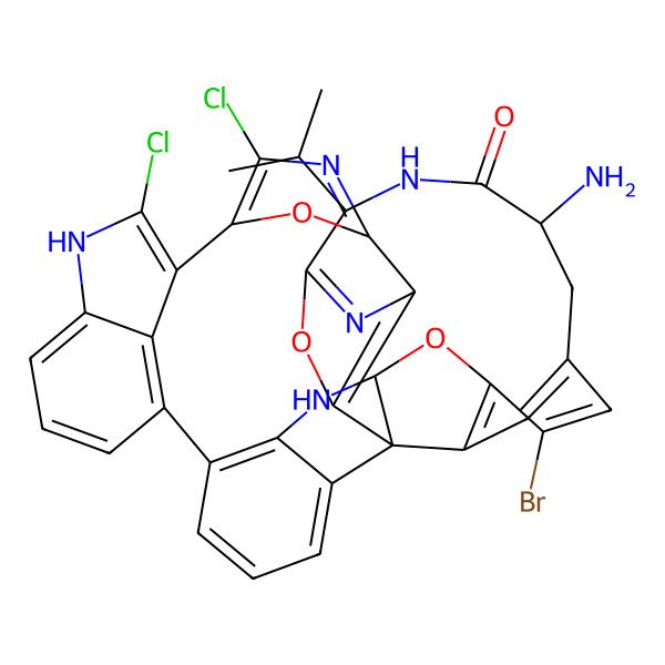 2D Structure of (10S,13S,20S,21R)-13-amino-17-bromo-3,35-dichloro-10-propan-2-yl-8,37,40-trioxa-4,11,22,34,39-pentazadecacyclo[27.6.1.12,5.16,9.115,19.118,21.07,20.020,24.023,28.033,36]tetraconta-1(35),2,4,6,9(39),15(38),16,18,23(28),24,26,29(36),30,32-tetradecaen-12-one