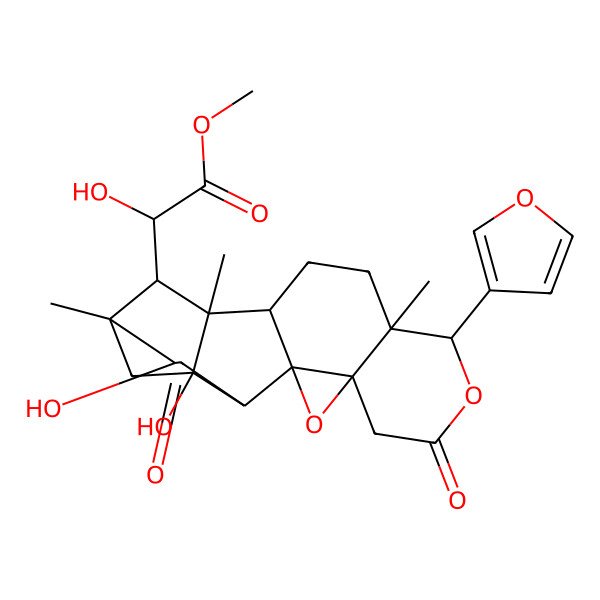 2D Structure of methyl (2R)-2-[(1S,2R,5S,6S,10S,12S,13S,15S,16R,18S,19S)-6-(furan-3-yl)-15,18-dihydroxy-1,5,16-trimethyl-8,14-dioxo-7,11-dioxahexacyclo[14.2.1.02,12.05,10.010,12.013,18]nonadecan-19-yl]-2-hydroxyacetate