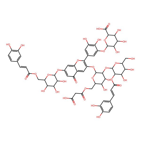 2D Structure of (2S,3S,4S,5R,6S)-6-[5-[3-[(2S,3R,4S,5R,6R)-6-[(2-carboxyacetyl)oxymethyl]-3-[(2S,3R,4S,5S,6S)-3-[3-(3,4-dihydroxyphenyl)prop-2-enoyloxy]-4,5-dihydroxy-6-(hydroxymethyl)oxan-2-yl]oxy-4,5-dihydroxyoxan-2-yl]oxy-7-[(2S,3R,4S,5S,6S)-6-[3-(3,4-dihydroxyphenyl)prop-2-enoyloxymethyl]-3,4,5-trihydroxyoxan-2-yl]oxy-5-oxochromen-2-yl]-2,3-dihydroxyphenoxy]-3,4,5-trihydroxyoxane-2-carboxylic acid