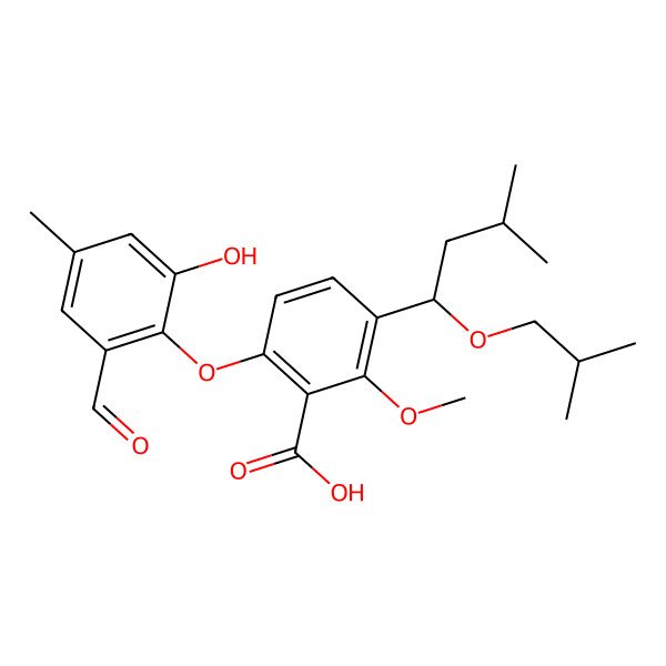 2D Structure of 6-(2-formyl-6-hydroxy-4-methylphenoxy)-2-methoxy-3-[(1R)-3-methyl-1-(2-methylpropoxy)butyl]benzoic acid