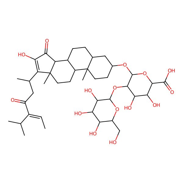 2D Structure of (2S,3S,4S,5R,6R)-3,4-dihydroxy-6-[[(3S,5S,8R,9S,10S,13S,14R)-16-hydroxy-10,13-dimethyl-15-oxo-17-[(Z,2R)-4-oxo-5-propan-2-ylhept-5-en-2-yl]-1,2,3,4,5,6,7,8,9,11,12,14-dodecahydrocyclopenta[a]phenanthren-3-yl]oxy]-5-[(2S,3R,4S,5S,6R)-3,4,5-trihydroxy-6-(hydroxymethyl)oxan-2-yl]oxyoxane-2-carboxylic acid