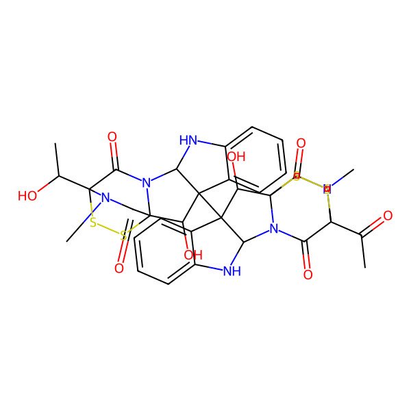 2D Structure of (1S,2S,3S,11R,14S)-3-[(1S,2S,3S,11R,14S)-14-acetyl-2-hydroxy-18-methyl-13,17-dioxo-15,16-dithia-10,12,18-triazapentacyclo[12.2.2.01,12.03,11.04,9]octadeca-4,6,8-trien-3-yl]-2-hydroxy-14-[(1S)-1-hydroxyethyl]-18-methyl-15,16-dithia-10,12,18-triazapentacyclo[12.2.2.01,12.03,11.04,9]octadeca-4,6,8-triene-13,17-dione