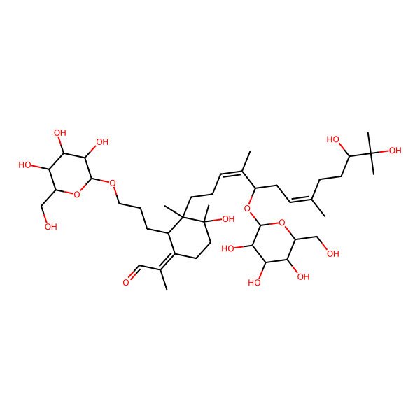 2D Structure of (2E)-2-[(2S,3R,4S)-3-[(3E,5R,7E,11S)-11,12-dihydroxy-4,8,12-trimethyl-5-[(2S,3S,4R,5R,6S)-3,4,5-trihydroxy-6-(hydroxymethyl)oxan-2-yl]oxytrideca-3,7-dienyl]-4-hydroxy-3,4-dimethyl-2-[3-[(2S,3S,4R,5R,6S)-3,4,5-trihydroxy-6-(hydroxymethyl)oxan-2-yl]oxypropyl]cyclohexylidene]propanal