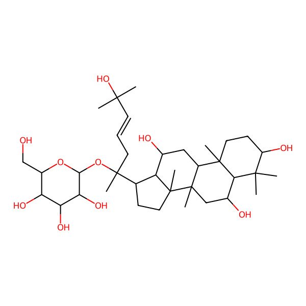 2D Structure of (2R,3S,4S,5R,6S)-2-(hydroxymethyl)-6-[(E,2S)-6-hydroxy-6-methyl-2-[(3S,5R,6S,8R,9R,10R,12R,13R,14R,17S)-3,6,12-trihydroxy-4,4,8,10,14-pentamethyl-2,3,5,6,7,9,11,12,13,15,16,17-dodecahydro-1H-cyclopenta[a]phenanthren-17-yl]hept-4-en-2-yl]oxyoxane-3,4,5-triol