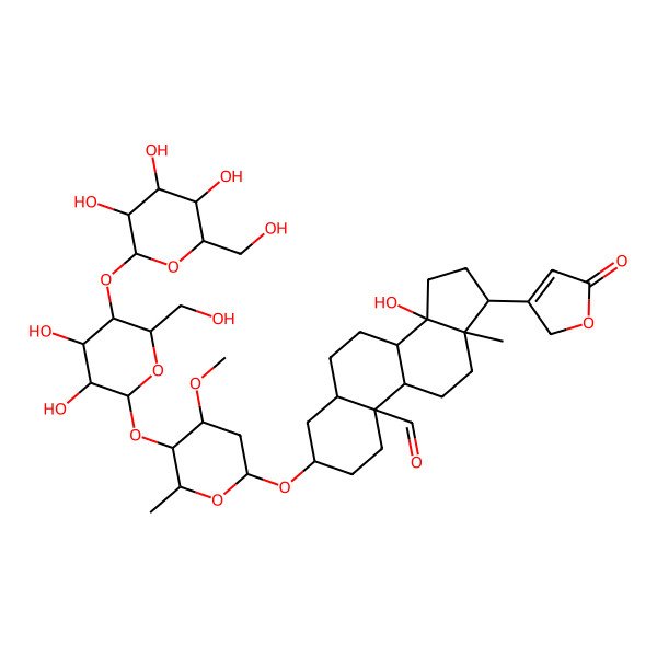 2D Structure of 3-[5-[3,4-dihydroxy-6-(hydroxymethyl)-5-[3,4,5-trihydroxy-6-(hydroxymethyl)oxan-2-yl]oxyoxan-2-yl]oxy-4-methoxy-6-methyloxan-2-yl]oxy-14-hydroxy-13-methyl-17-(5-oxo-2H-furan-3-yl)-1,2,3,4,5,6,7,8,9,11,12,15,16,17-tetradecahydrocyclopenta[a]phenanthrene-10-carbaldehyde