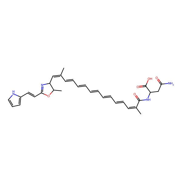 2D Structure of 4-amino-2-[[2,14-dimethyl-15-[5-methyl-2-[2-(1H-pyrrol-2-yl)ethenyl]-4,5-dihydro-1,3-oxazol-4-yl]pentadeca-2,4,6,8,10,12,14-heptaenoyl]amino]-4-oxobutanoic acid