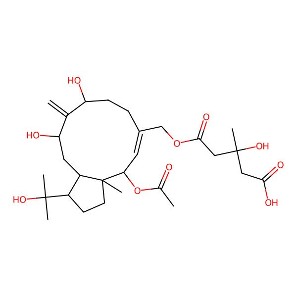 2D Structure of 5-[[4-Acetyloxy-9,11-dihydroxy-1-(2-hydroxypropan-2-yl)-3a-methyl-10-methylidene-1,2,3,4,7,8,9,11,12,12a-decahydrocyclopenta[11]annulen-6-yl]methoxy]-3-hydroxy-3-methyl-5-oxopentanoic acid
