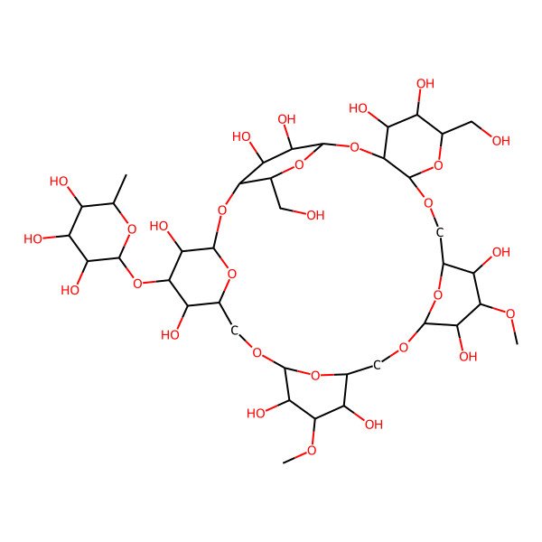 2D Structure of (1R,3R,4S,5S,6R,7R,10S,11R,12S,13S,14R,17S,18R,19S,20S,21R,24S,26R,27R,28S,29R,31R,33R,34R,35R)-26,33-bis(hydroxymethyl)-12,19-dimethoxy-5-[(2S,3S,4R,5S,6S)-3,4,5-trihydroxy-6-methyloxan-2-yl]oxy-2,9,16,23,25,30,32,36,37,38-decaoxahexacyclo[29.2.2.13,7.110,14.117,21.024,29]octatriacontane-4,6,11,13,18,20,27,28,34,35-decol