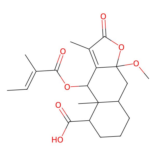 2D Structure of (4S,4aS,5S,8aR,9aR)-9a-methoxy-3,4a-dimethyl-4-[(Z)-2-methylbut-2-enoyl]oxy-2-oxo-5,6,7,8,8a,9-hexahydro-4H-benzo[f][1]benzofuran-5-carboxylic acid