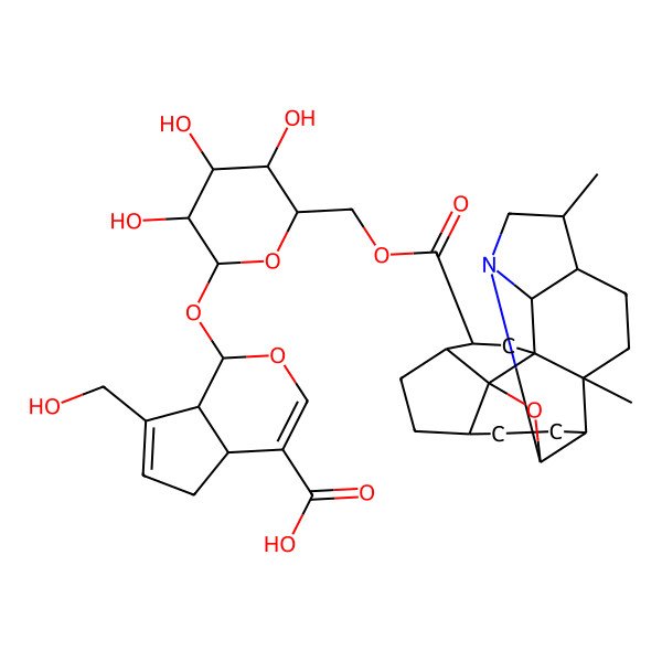 2D Structure of (1S,4aS)-1-[6-[[(3R,4R,7R,10S,11S,14R,15S,20R,21S)-11,15-dimethyl-19-oxa-17-azaheptacyclo[12.6.1.01,11.04,20.07,20.010,18.017,21]henicosane-3-carbonyl]oxymethyl]-3,4,5-trihydroxyoxan-2-yl]oxy-7-(hydroxymethyl)-1,4a,5,7a-tetrahydrocyclopenta[c]pyran-4-carboxylic acid