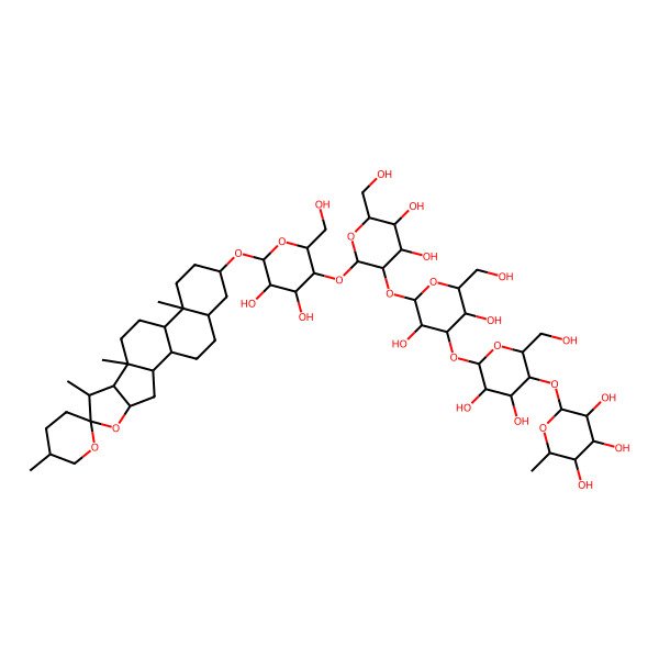 2D Structure of (2S,3R,4R,5R,6S)-2-[(2R,3S,4R,5R,6S)-6-[(2S,3R,4S,5R,6R)-2-[(2S,3R,4S,5S,6R)-2-[(2R,3R,4R,5R,6R)-4,5-dihydroxy-2-(hydroxymethyl)-6-[(1R,2S,4S,5'R,6R,7S,8R,9S,12S,13S,16S,18S)-5',7,9,13-tetramethylspiro[5-oxapentacyclo[10.8.0.02,9.04,8.013,18]icosane-6,2'-oxane]-16-yl]oxyoxan-3-yl]oxy-4,5-dihydroxy-6-(hydroxymethyl)oxan-3-yl]oxy-3,5-dihydroxy-6-(hydroxymethyl)oxan-4-yl]oxy-4,5-dihydroxy-2-(hydroxymethyl)oxan-3-yl]oxy-6-methyloxane-3,4,5-triol