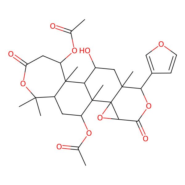 2D Structure of [13-Acetyloxy-7-(furan-3-yl)-10-hydroxy-1,8,12,17,17-pentamethyl-5,15-dioxo-3,6,16-trioxapentacyclo[9.9.0.02,4.02,8.012,18]icosan-20-yl] acetate