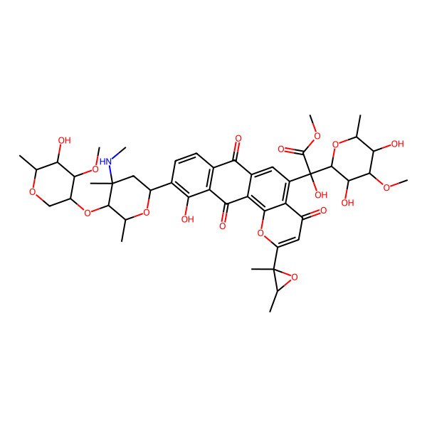 2D Structure of Methyl 2-(3,5-dihydroxy-4-methoxy-6-methyloxan-2-yl)-2-[2-(2,3-dimethyloxiran-2-yl)-11-hydroxy-10-[5-(5-hydroxy-4-methoxy-6-methyloxan-3-yl)oxy-4,6-dimethyl-4-(methylamino)oxan-2-yl]-4,7,12-trioxonaphtho[2,3-h]chromen-5-yl]-2-hydroxyacetate