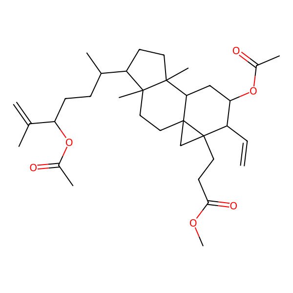 2D Structure of Methyl 3-[11-acetyloxy-5-(5-acetyloxy-6-methylhept-6-en-2-yl)-12-ethenyl-4,8-dimethyl-13-tetracyclo[7.5.0.01,13.04,8]tetradecanyl]propanoate