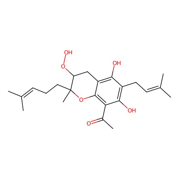 2D Structure of 1-[3-Hydroperoxy-5,7-dihydroxy-2-methyl-6-(3-methylbut-2-enyl)-2-(4-methylpent-3-enyl)-3,4-dihydrochromen-8-yl]ethanone