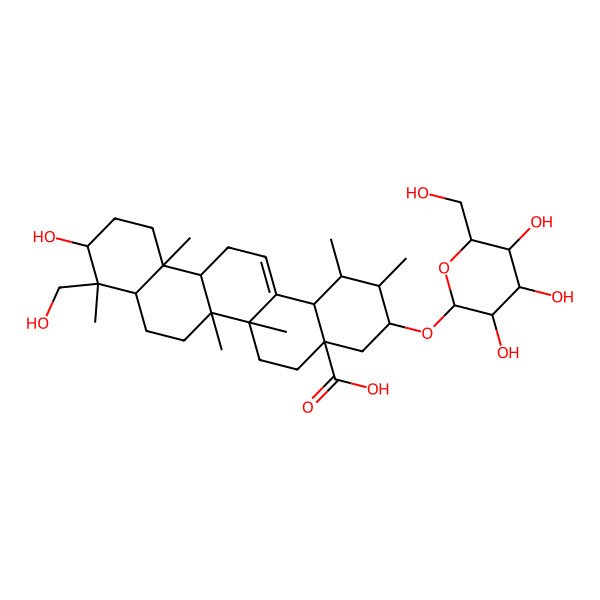 2D Structure of (1R,2S,3R,4aR,6aR,6aS,6bR,8aR,9R,10S,12aR,14bS)-10-hydroxy-9-(hydroxymethyl)-1,2,6a,6b,9,12a-hexamethyl-3-[(2R,3R,4S,5S,6R)-3,4,5-trihydroxy-6-(hydroxymethyl)oxan-2-yl]oxy-2,3,4,5,6,6a,7,8,8a,10,11,12,13,14b-tetradecahydro-1H-picene-4a-carboxylic acid