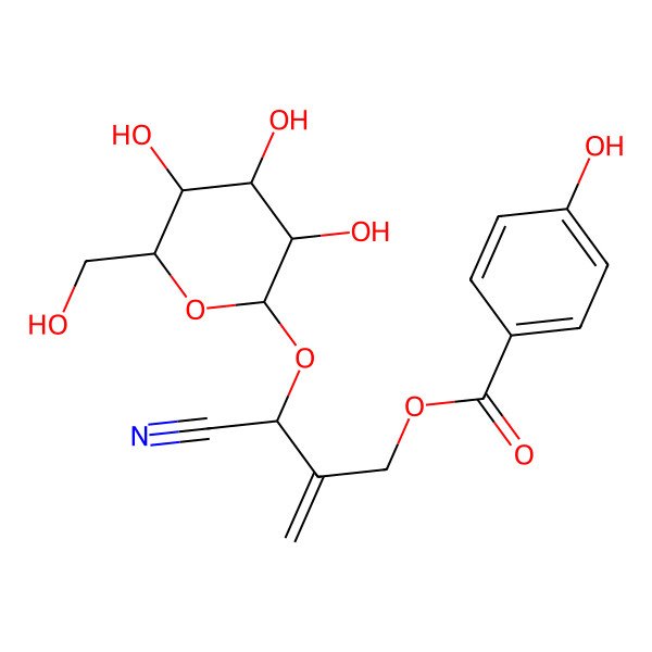 2D Structure of 2-[(R)-cyano-[(2R,3R,4S,5S,6R)-3,4,5-trihydroxy-6-(hydroxymethyl)oxan-2-yl]oxymethyl]prop-2-enyl 4-hydroxybenzoate