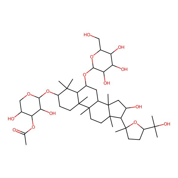 2D Structure of [(2S,3R,4S,5R)-3,5-dihydroxy-2-[[(3S,5R,6S,8R,9R,10S,13R,14S,16S,17R)-16-hydroxy-17-[(2R,5S)-5-(2-hydroxypropan-2-yl)-2-methyloxolan-2-yl]-4,4,9,10,13,14-hexamethyl-6-[(2R,3R,4S,5S,6R)-3,4,5-trihydroxy-6-(hydroxymethyl)oxan-2-yl]oxy-1,2,3,5,6,7,8,11,12,15,16,17-dodecahydrocyclopenta[a]phenanthren-3-yl]oxy]oxan-4-yl] acetate