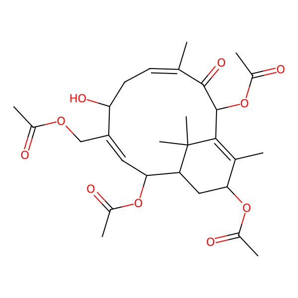 2D Structure of (2,10,13-Triacetyloxy-5-hydroxy-8,12,15,15-tetramethyl-9-oxo-4-bicyclo[9.3.1]pentadeca-3,7,11-trienyl)methyl acetate