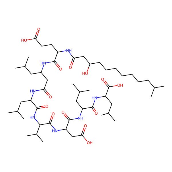 2D Structure of (2S)-2-[[(2R)-2-[[(2S)-3-carboxy-2-[[(2S)-2-[[(2R)-2-[[(3S)-3-[[(2S)-4-carboxy-2-[(3-hydroxy-11-methyldodecanoyl)amino]butanoyl]amino]-5-methylhexanoyl]amino]-4-methylpentanoyl]amino]-3-methylbutanoyl]amino]propanoyl]amino]-4-methylpentanoyl]amino]-4-methylpentanoic acid