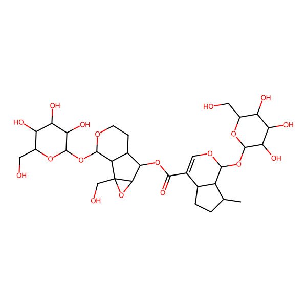 2D Structure of 2-(Hexopyranosyloxy)-1a-(hydroxymethyl)octahydrooxireno[2',3':4,5]cyclopenta[1,2-c]pyran-6-yl 1-(hexopyranosyloxy)-7-methyl-1,4a,5,6,7,7a-hexahydrocyclopenta[c]pyran-4-carboxylate