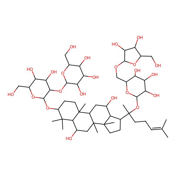 2D Structure of 2-[2-[[17-[2-[6-[[3,4-dihydroxy-5-(hydroxymethyl)oxolan-2-yl]oxymethyl]-3,4,5-trihydroxyoxan-2-yl]oxy-6-methylhept-5-en-2-yl]-6,12-dihydroxy-4,4,8,10,14-pentamethyl-2,3,5,6,7,9,11,12,13,15,16,17-dodecahydro-1H-cyclopenta[a]phenanthren-3-yl]oxy]-4,5-dihydroxy-6-(hydroxymethyl)oxan-3-yl]oxy-6-(hydroxymethyl)oxane-3,4,5-triol