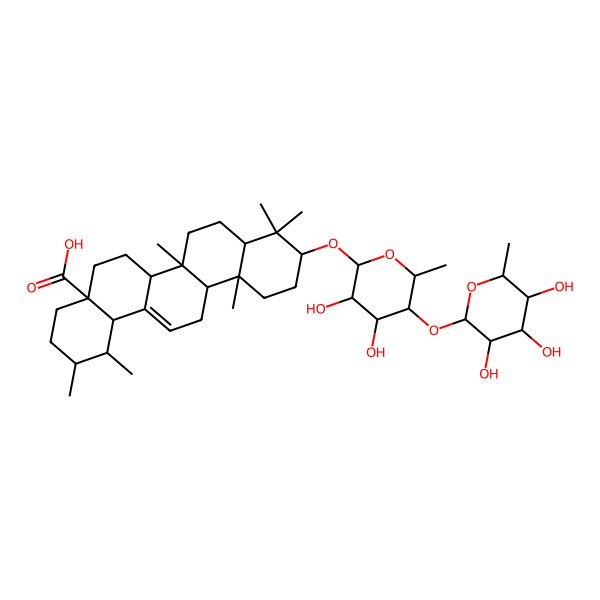 2D Structure of (1S,2R,6aS,6bR,12aR)-10-[(3R,4R,5S,6R)-3,4-dihydroxy-6-methyl-5-[(3R,4S,5S,6R)-3,4,5-trihydroxy-6-methyloxan-2-yl]oxyoxan-2-yl]oxy-1,2,6b,9,9,12a-hexamethyl-1,2,3,4,5,6,6a,6a,7,8,8a,10,11,12,13,14b-hexadecahydropicene-4a-carboxylic acid