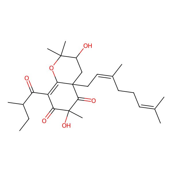 2D Structure of (3S,4aS,6S)-4a-(3,7-dimethylocta-2,6-dienyl)-3,6-dihydroxy-2,2,6-trimethyl-8-[(2R)-2-methylbutanoyl]-3,4-dihydrochromene-5,7-dione