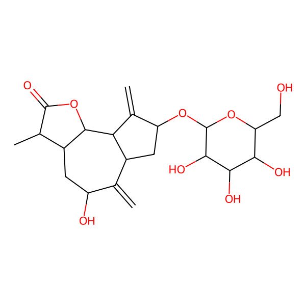 2D Structure of (3S,3aS,5R,6aR,8S,9aR,9bS)-5-hydroxy-3-methyl-6,9-dimethylidene-8-[(2R,3R,4S,5S,6S)-3,4,5-trihydroxy-6-(hydroxymethyl)oxan-2-yl]oxy-3a,4,5,6a,7,8,9a,9b-octahydro-3H-azuleno[4,5-b]furan-2-one