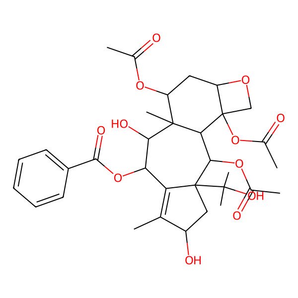 2D Structure of [(1S,2R,3R,5R,8S,9S,10S,11R,13S,16R)-2,11,16-triacetyloxy-5,9-dihydroxy-3-(2-hydroxypropan-2-yl)-6,10-dimethyl-14-oxatetracyclo[8.6.0.03,7.013,16]hexadec-6-en-8-yl] benzoate