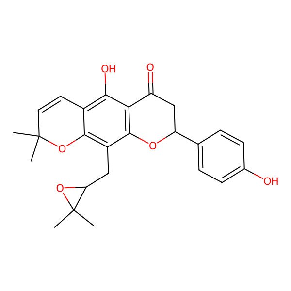 2D Structure of 10-[(3,3-Dimethyloxiran-2-yl)methyl]-5-hydroxy-8-(4-hydroxyphenyl)-2,2-dimethyl-7,8-dihydropyrano[3,2-g]chromen-6-one