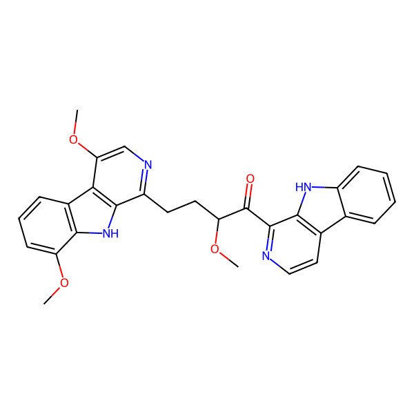 2D Structure of (2S)-4-(4,8-dimethoxy-9H-pyrido[3,4-b]indol-1-yl)-2-methoxy-1-(9H-pyrido[3,4-b]indol-1-yl)butan-1-one