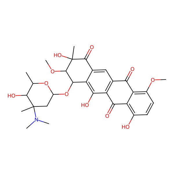2D Structure of 4-[4-(Dimethylamino)-5-hydroxy-4,6-dimethyloxan-2-yl]oxy-2,5,7-trihydroxy-3,10-dimethoxy-2-methyl-3,4-dihydrotetracene-1,6,11-trione