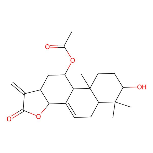 2D Structure of (7-Hydroxy-6,6,9a-trimethyl-1-methylidene-2-oxo-3a,5,5a,7,8,9,9b,10,11,11a-decahydronaphtho[1,2-g][1]benzofuran-10-yl) acetate