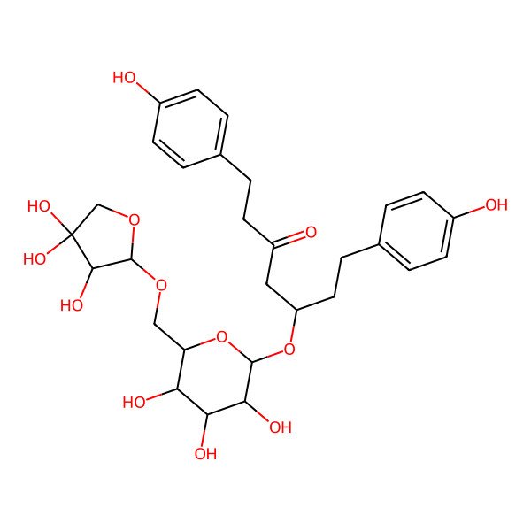 2D Structure of (5S)-1,7-bis(4-hydroxyphenyl)-5-[(2R,3R,4R,5R,6R)-3,4,5-trihydroxy-6-[[(2R,3S)-3,4,4-trihydroxyoxolan-2-yl]oxymethyl]oxan-2-yl]oxyheptan-3-one