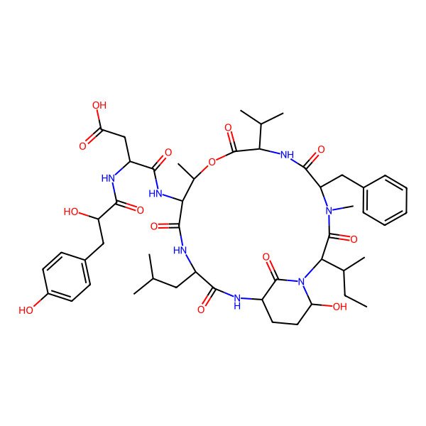 2D Structure of 4-[[5-Benzyl-2-butan-2-yl-21-hydroxy-4,11-dimethyl-15-(2-methylpropyl)-3,6,9,13,16,22-hexaoxo-8-propan-2-yl-10-oxa-1,4,7,14,17-pentazabicyclo[16.3.1]docosan-12-yl]amino]-3-[[2-hydroxy-3-(4-hydroxyphenyl)propanoyl]amino]-4-oxobutanoic acid