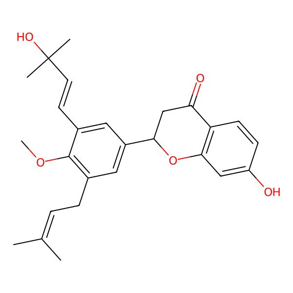 2D Structure of (2S)-7-hydroxy-2-[3-[(E)-3-hydroxy-3-methylbut-1-enyl]-4-methoxy-5-(3-methylbut-2-enyl)phenyl]-2,3-dihydrochromen-4-one