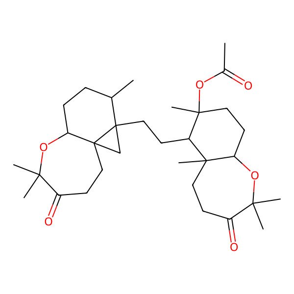 2D Structure of [(5aS,6S,7R,9aS)-2,2,5a,7-tetramethyl-3-oxo-6-[2-[(1R,3R,4R,7S)-4,9,9-trimethyl-10-oxo-8-oxatricyclo[5.5.0.01,3]dodecan-3-yl]ethyl]-4,5,6,8,9,9a-hexahydrobenzo[b]oxepin-7-yl] acetate