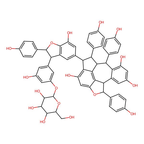 2D Structure of (1R,2R,3R,9S,10S,17S)-3-[(2S,3S)-7-hydroxy-2-(4-hydroxyphenyl)-3-[3-hydroxy-5-[(2S,3R,4S,5S,6R)-3,4,5-trihydroxy-6-(hydroxymethyl)oxan-2-yl]oxyphenyl]-2,3-dihydro-1-benzofuran-5-yl]-2,9,17-tris(4-hydroxyphenyl)-8-oxapentacyclo[8.7.2.04,18.07,19.011,16]nonadeca-4(18),5,7(19),11(16),12,14-hexaene-5,13,15-triol
