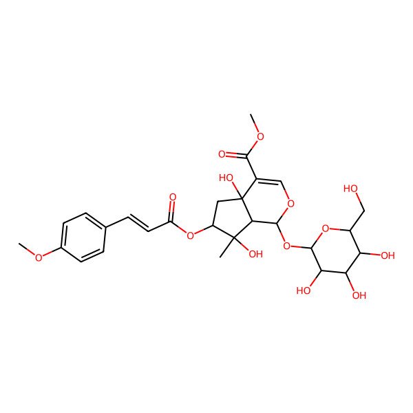 2D Structure of methyl (1S,4aR,6S,7R,7aS)-4a,7-dihydroxy-6-[(E)-3-(4-methoxyphenyl)prop-2-enoyl]oxy-7-methyl-1-[(2S,3S,4S,5S,6S)-3,4,5-trihydroxy-6-(hydroxymethyl)oxan-2-yl]oxy-1,5,6,7a-tetrahydrocyclopenta[c]pyran-4-carboxylate