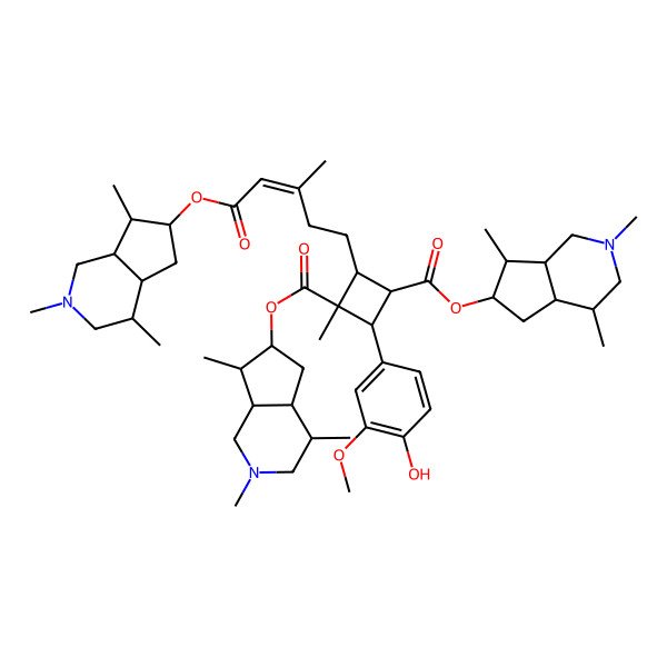 2D Structure of 3-O-[(4R,4aS,6R,7S,7aS)-2,4,7-trimethyl-1,3,4,4a,5,6,7,7a-octahydrocyclopenta[c]pyridin-6-yl] 1-O-[(4R,4aS,6S,7S,7aS)-2,4,7-trimethyl-1,3,4,4a,5,6,7,7a-octahydrocyclopenta[c]pyridin-6-yl] (1S,2S,3S,4R)-2-[(E)-5-[[(4R,4aS,6R,7S,7aS)-2,4,7-trimethyl-1,3,4,4a,5,6,7,7a-octahydrocyclopenta[c]pyridin-6-yl]oxy]-3-methyl-5-oxopent-3-enyl]-4-(4-hydroxy-3-methoxyphenyl)-1-methylcyclobutane-1,3-dicarboxylate