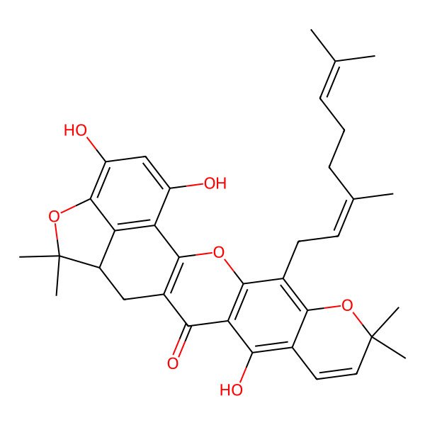 2D Structure of 5-(3,7-Dimethylocta-2,6-dienyl)-12,21,23-trihydroxy-8,8,18,18-tetramethyl-3,7,19-trioxahexacyclo[15.6.1.02,15.04,13.06,11.020,24]tetracosa-1(24),2(15),4(13),5,9,11,20,22-octaen-14-one