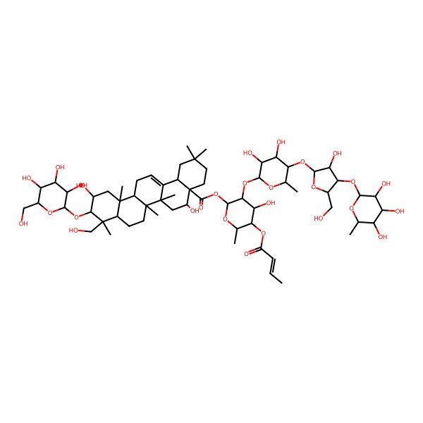2D Structure of [(2S,3R,4S,5R,6R)-5-[(E)-but-2-enoyl]oxy-3-[(2R,3S,4R,5S,6R)-3,4-dihydroxy-5-[(2S,3R,4R,5R)-3-hydroxy-5-(hydroxymethyl)-4-[(2R,3S,4S,5S,6R)-3,4,5-trihydroxy-6-methyloxan-2-yl]oxyoxolan-2-yl]oxy-6-methyloxan-2-yl]oxy-4-hydroxy-6-methyloxan-2-yl] (4aR,5R,6aR,6aS,6bR,8aR,9R,10R,11S,12aR,14bS)-5,11-dihydroxy-9-(hydroxymethyl)-2,2,6a,6b,9,12a-hexamethyl-10-[(2R,3R,4S,5S,6R)-3,4,5-trihydroxy-6-(hydroxymethyl)oxan-2-yl]oxy-1,3,4,5,6,6a,7,8,8a,10,11,12,13,14b-tetradecahydropicene-4a-carboxylate
