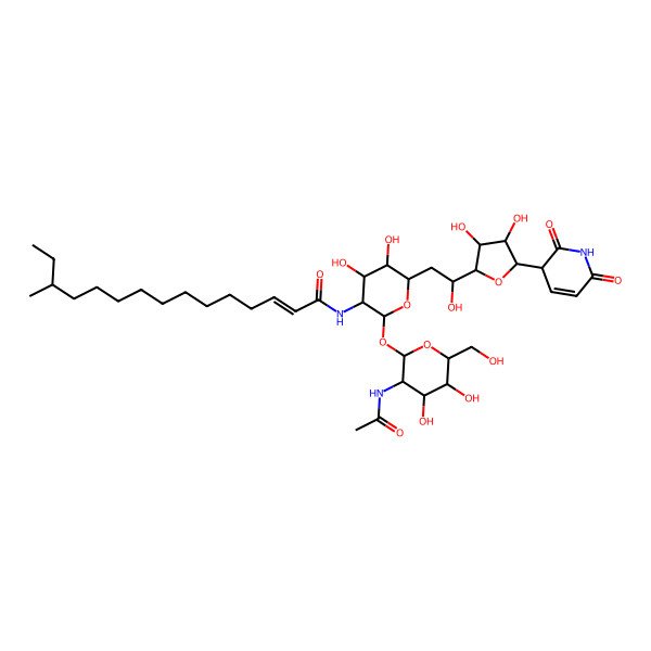 2D Structure of (E)-N-[(3R,4R,5R,6R)-2-[(2R,3R,4R,5S,6R)-3-acetamido-4,5-dihydroxy-6-(hydroxymethyl)oxan-2-yl]oxy-6-[(2R)-2-[(2R,4S,5S)-5-(2,6-dioxo-3H-pyridin-3-yl)-3,4-dihydroxyoxolan-2-yl]-2-hydroxyethyl]-4,5-dihydroxyoxan-3-yl]-13-methylpentadec-2-enamide