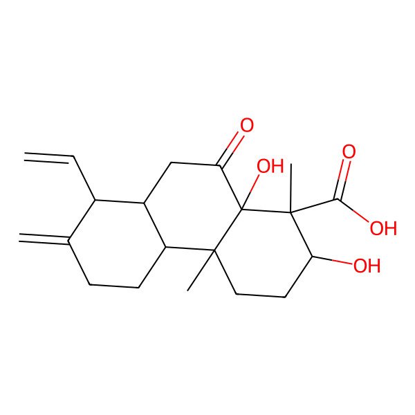 2D Structure of 8-ethenyl-2,10a-dihydroxy-1,4a-dimethyl-7-methylidene-10-oxo-3,4,4b,5,6,8,8a,9-octahydro-2H-phenanthrene-1-carboxylic acid