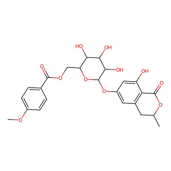 2D Structure of [3,4,5-Trihydroxy-6-[(8-hydroxy-3-methyl-1-oxo-3,4-dihydroisochromen-6-yl)oxy]oxan-2-yl]methyl 4-methoxybenzoate