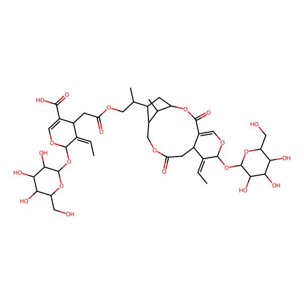 2D Structure of (4R,5E,6S)-5-ethylidene-4-[2-[(2S)-2-[(1R,7S,8E,9S,14S,15S,17R)-8-ethylidene-17-methyl-3,11-dioxo-7-[(2S,3R,4S,5S,6R)-3,4,5-trihydroxy-6-(hydroxymethyl)oxan-2-yl]oxy-2,6,12-trioxatricyclo[12.2.1.04,9]heptadec-4-en-15-yl]propoxy]-2-oxoethyl]-6-[(2S,3R,4S,5S,6R)-3,4,5-trihydroxy-6-(hydroxymethyl)oxan-2-yl]oxy-4H-pyran-3-carboxylic acid