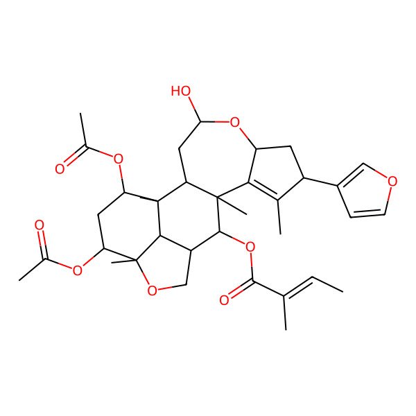 2D Structure of [(1R,2R,4R,6S,8R,11R,12R,13S,16S,17R,19S,20R)-17,19-diacetyloxy-8-(furan-3-yl)-4-hydroxy-1,9,11,16-tetramethyl-5,15-dioxapentacyclo[11.6.1.02,11.06,10.016,20]icos-9-en-12-yl] (E)-2-methylbut-2-enoate