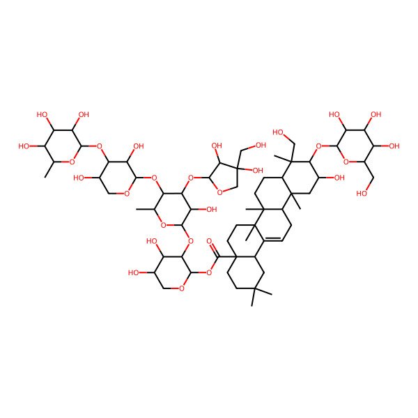 2D Structure of 2-O-(6-Deoxy-4-O-(3-O-(6-deoxyhexopyranosyl)pentopyranosyl)-3-O-(3,4-dihydroxy-4-(hydroxymethyl)tetrahydro-2-furanyl)hexopyranosyl)-1-O-(3-(hexopyranosyloxy)-2,23-dihydroxy-28-oxoolean-12-en-28-yl)pentopyranose