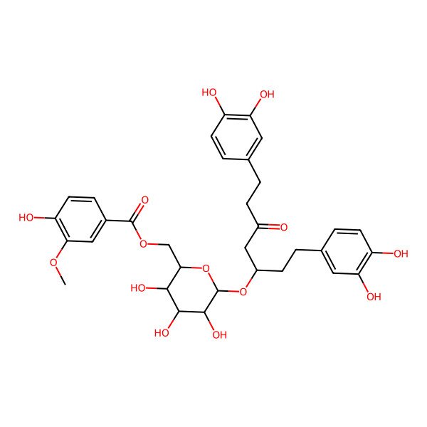 2D Structure of [(2R,3S,4S,5R,6R)-6-[(3S)-1,7-bis(3,4-dihydroxyphenyl)-5-oxoheptan-3-yl]oxy-3,4,5-trihydroxyoxan-2-yl]methyl 4-hydroxy-3-methoxybenzoate